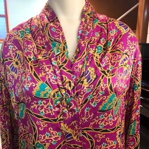 100% SILK, multi colored long sleeve blouse